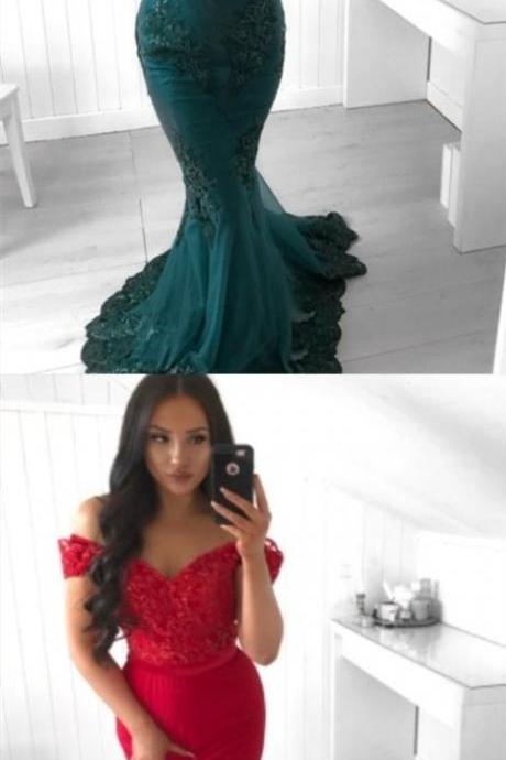 Mermaid Off-the-shoulder Sweep Train Dark Green Prom Dress With Appliques Beading M3654