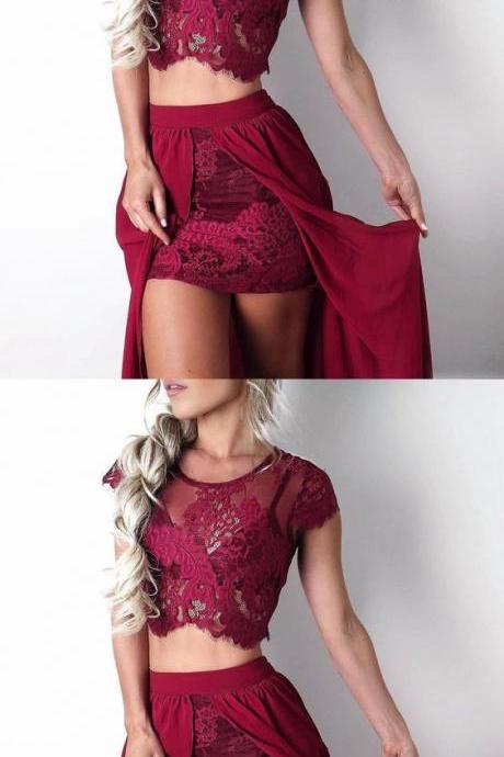 Two Piece Round Neck Burgundy Chiffon Prom Dress With Appliques M3661