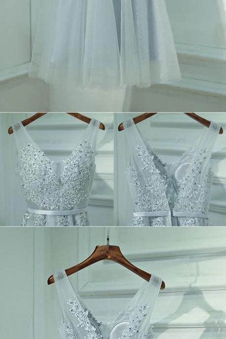 Homecoming Dresses Silver V-neck Short Lace Reception Party Dress V-neck M3664