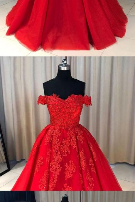 Ball Cown Prom Dresses Off-the-shoulder Sweep Train Long Red Prom Dress M3665