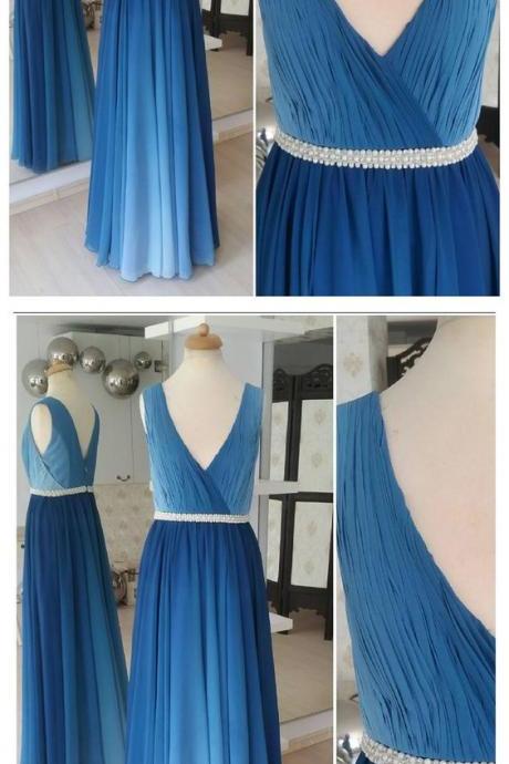 Ombre Blue Simple Prom Dresses Plus Size V Neck Beaded Long Maxi Formal Dresses M3675