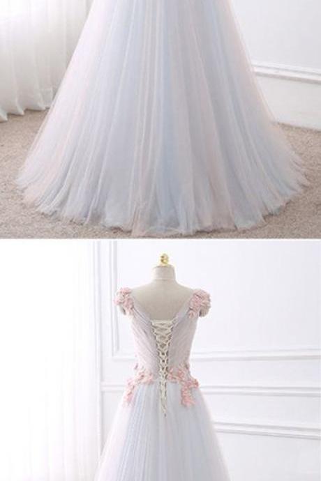 Cute Flowers Appliqued White Tulle Long Prom Dress M3680