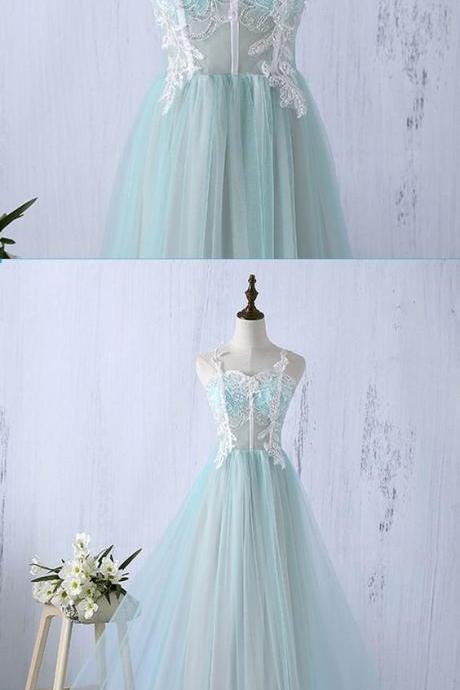 Sweetheart Mint Tulle Long Lace Senior Prom Dress, Party Dress M3687