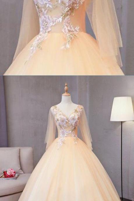 Champagne Tulle V Neck Mid Sleeve Long 3d Lace Appliqué Senior Prom Dress, Long Evening Dress M3692