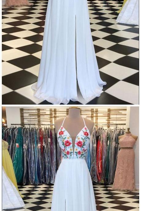 White Prom Dress A-line Floral Embroidery Spaghetti Straps Elegant Prom Dresses Long Evening Dress M3721