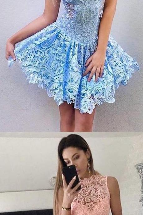 A-line Jewel Sleeveless Short Blue Lace Homecoming Dress M3736
