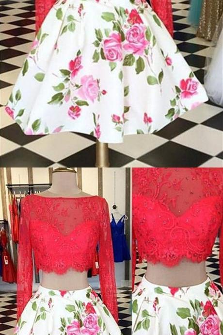 Elegant Two Pieces Long Sleeves Bateau Floral Homecoming Dress M3785