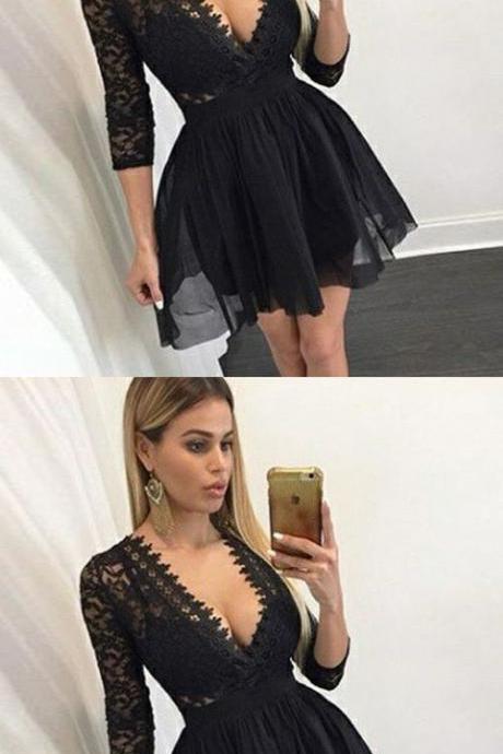 A-line Deep V-neck 3/4 Sleeves Black Chiffon Short Homecoming Dress With Lace M3787