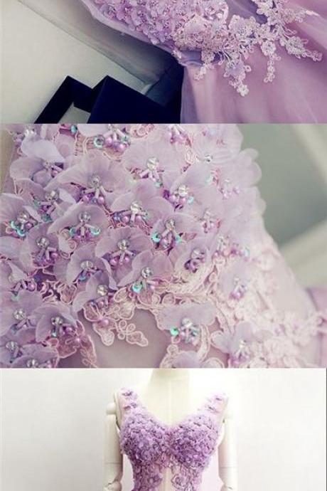 Homecoming Dress V-neck Appliques Lilac Short Prom Dress Party Dress M3857