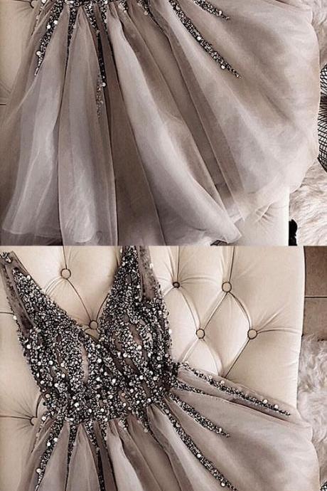 Gray V-neck Beaded Tulle Homecoming Dress,short A-line Prom Dress M3861