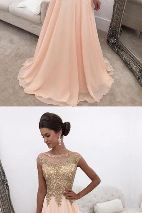 Modest Chiffon Cap Sleeves Prom Dresses Gold Lace Appliques Evening Gowns M3882