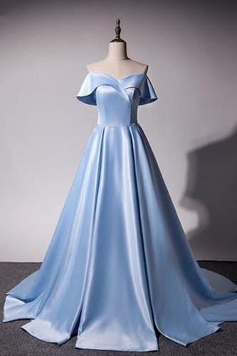 Fresh Blue Satin Strapless A-line Long Sweet 16 Prom Dress, Long Off Shoulder Graduation Dress M3885