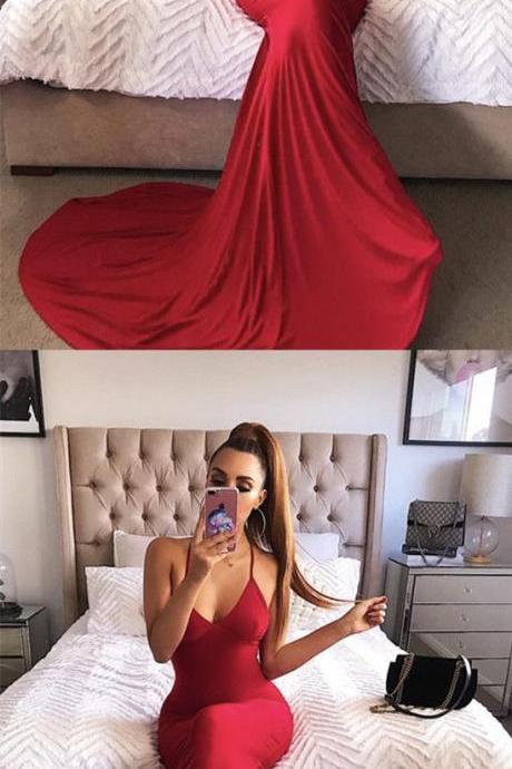 Long Red Jersey Halter Mermaid Backless Prom Dresses For Formal Occasions M3901