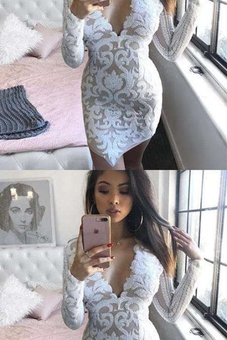 Modest White Lace Short Prom Dresses, Simple Bodycon Party Dresses With Sleeves, Sexy Tight Long Sleeves Cocktail Dresses M3909