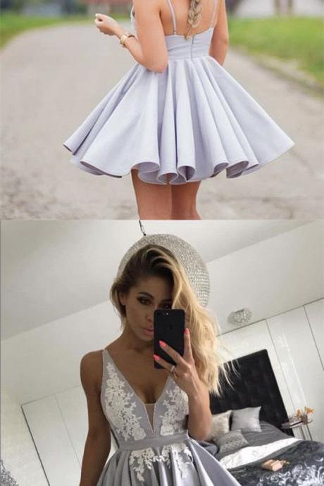 Silver Satin V Neck Homecoming Dresses Lace Appliques Prom Short Dress M3924