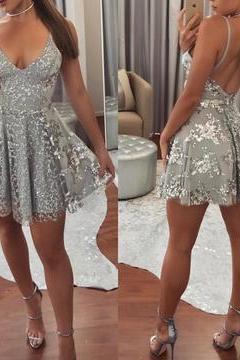 Silver Sequin Lace V Neck Tulle Homecoming Dresses Short Prom Gowns 2018 M3925