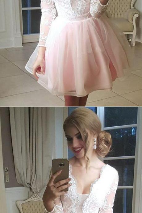 Short Tulle Plunge Neck Homecoming Dresses Lace Appliques Long Sleeves M3985