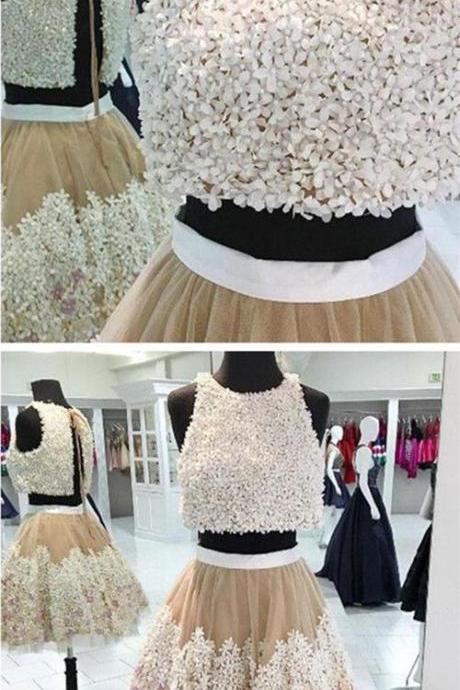 A-line Floral Lace Homecoming Dresses Two Piece Prom Dress Short M3986