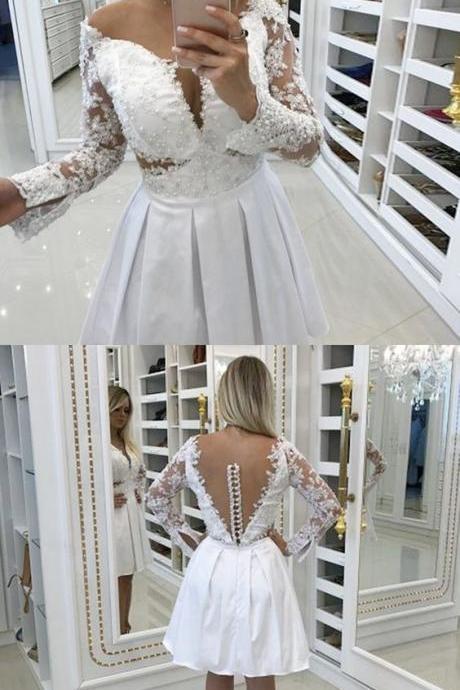 A-line Off The Shoulder White Homecoming Prom Dress With Lace Pearls M4004