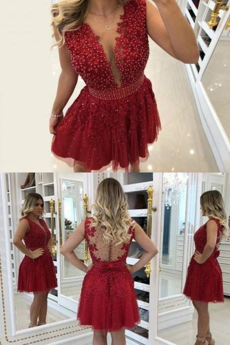 A-line Round Neck Red Homecoming Prom Dress With Lace Beading Bow M4007