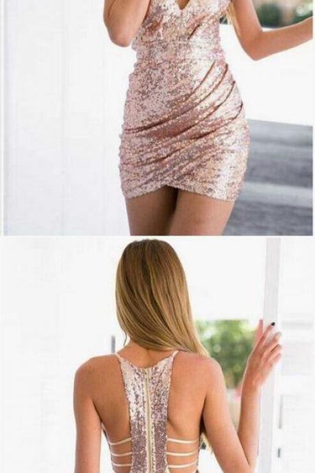 2018 Most Fashionable Lace Up Tight Sequins Sexy V-neck Sleeveless Short Homecoming Dress M4008