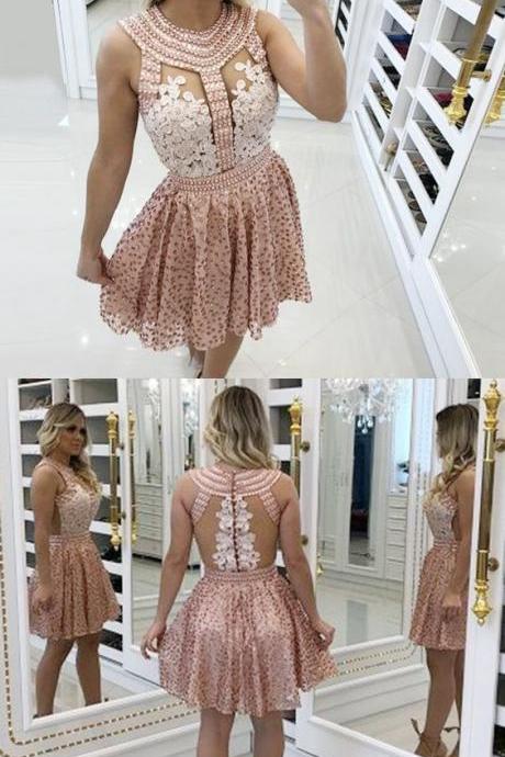 A-line Round Neck Pink Homecoming Prom Dress With Beading Lace M4009