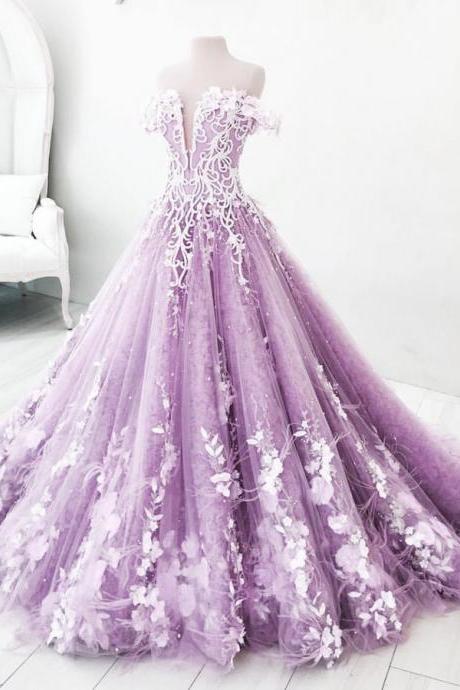 Ball Gown Off-the-shoulder Lilac Tulle Appliques Prom Dress,floor Length Ball Gown Evening Dress,tulle Party Dress M4062
