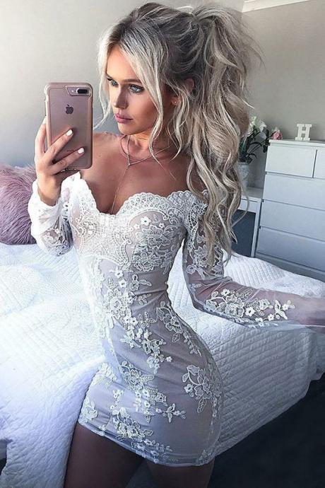 Sheath Off-the-shoulder Long Sleeves Short White Homecoming Cocktail Dress With Appliques M4127