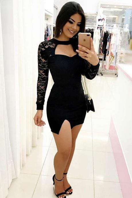 Sheath Jewel Long Sleeves Short Black Homecoming Cocktail Dress With Lace Keyhole M4132