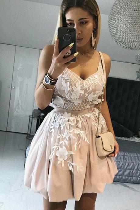 A-line Spaghetti Straps Short Blush Homecoming Dress With Appliques M4144