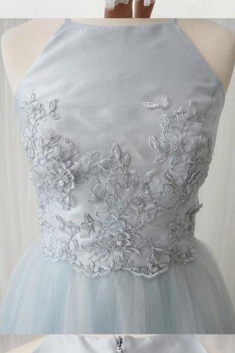 A-line Square Above-knee Light Blue Homecoming Dress With Appliques M4150