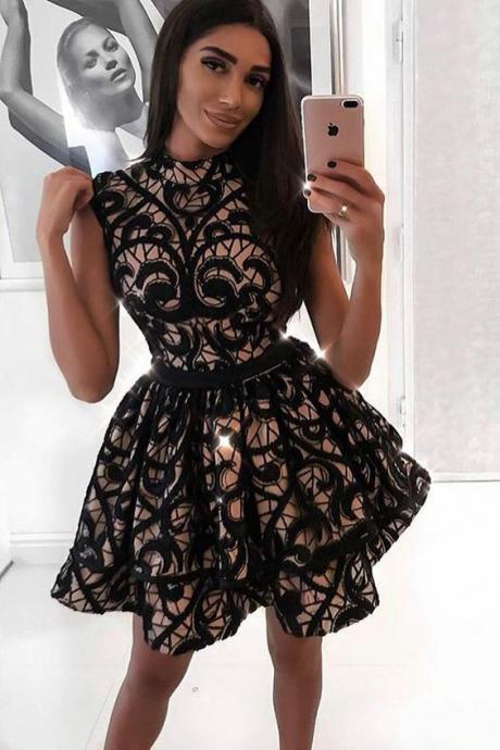 A-line Jewel Sleeveless Short Black Lace Homecoming Dress M4153