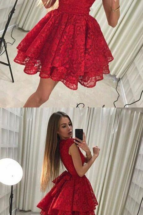 A-line Round Neck Cap Sleeves Short Red Lace Tiered Homecoming Dress With Bowknot M4166