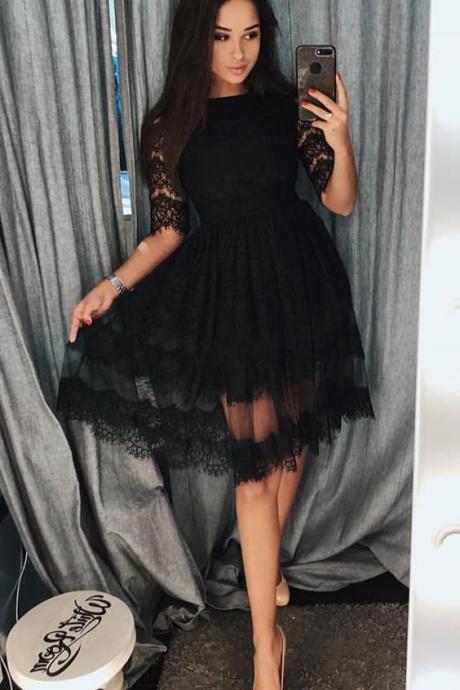 A-line Crew Half Sleeves Knee-length Black Homecoming Dress With Lace M4188