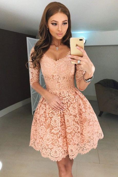  A-Line Scoop Half Sleeves Short Apricot Lace Homecoming Dress M4202