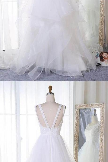 A-line Crew Sweep Train White Tulle Backless Wedding Dress With Beading M4315