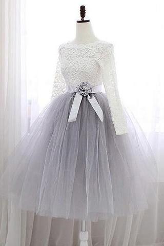 Gray Lace Short Prom Dress, Long Sleeve Evening Dress M4380
