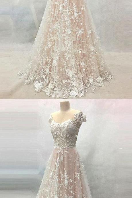 Creamy Lace Backless Long Cap Sleeves Formal Prom Dress, Long Lace Evening Dress M4413