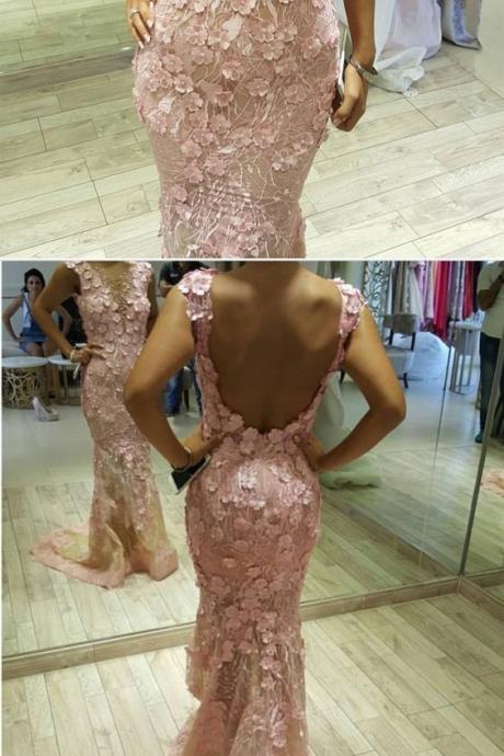 Pink Mermaid Dress,lace Evening Dress,mermaid Prom Dress M4418