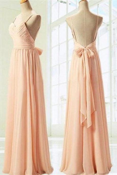 Simple Spaghetti Straps Long Chiffon Backless Bridesmaid Dresses With Bow M4442