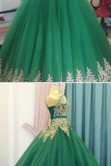 Ball Gown V-neck Green Tulle Appliques Quinceanera Dress With Sash M4482