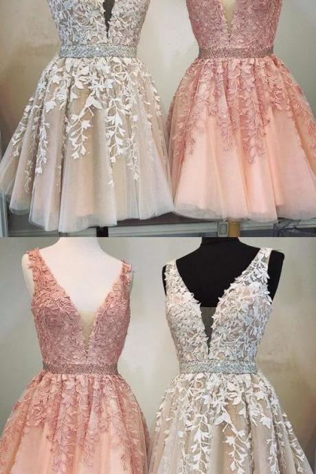 Short A-line V-neck Beaded Sashes Tulle Prom Homecoming Dresses Lace Embroidery M4535