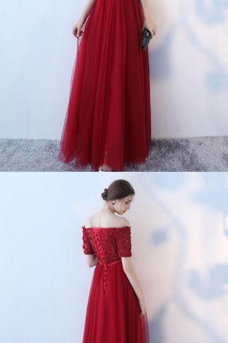 Burgundy Tulle Off Shoulder Long Prom Dress, Burgundy Eveninng Dress M4620