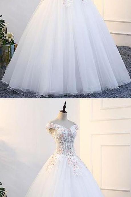 2018 Evening Gowns | White Tulle Off Shoulder Prom Gown Wedding Dress With Cap Sleeves M4655