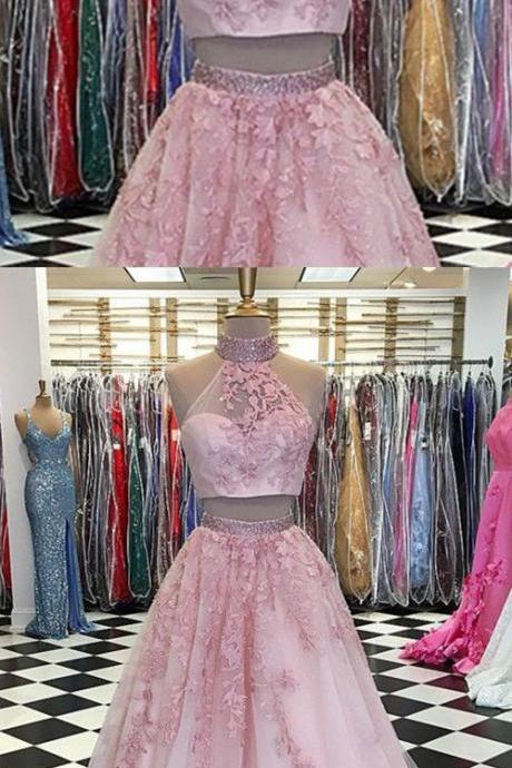 Two Piece Tulle Ball Gowns Quinceanera Dresses Beaded High Neck With Lace Embroidery M4718