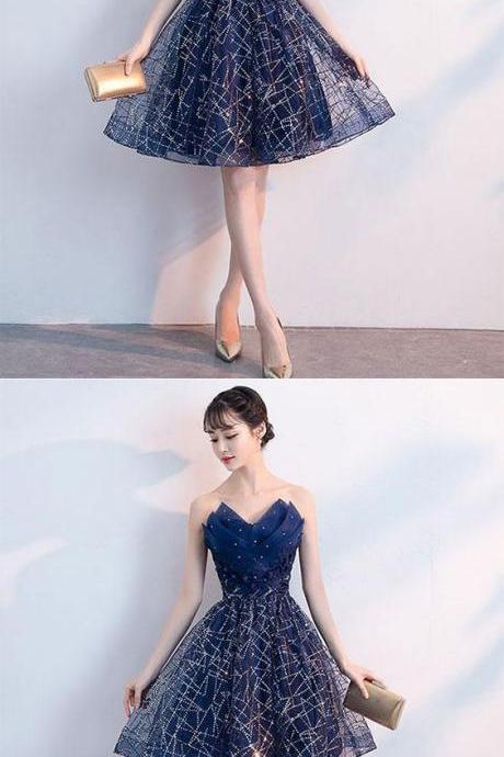 Dark Blue V Neck Tulle Sequin Short Prom Dress, Blue Homecoming Dress M4732