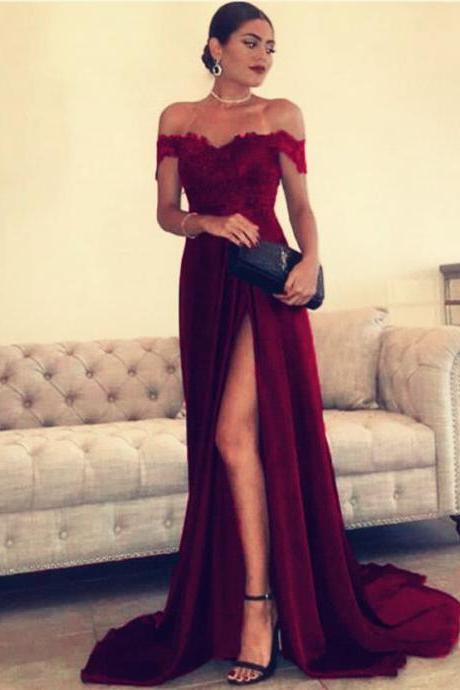 Sexy Leg Slit Long Satin Sweetheart Prom Dresses Lace Off The Shoulder Evening Gowns M4785