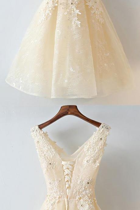 Gorgeous Champagne Short Lace Homecoming Party Dress Sleeveless M4836