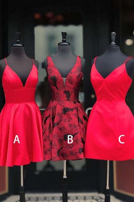 2018 Charming A Line V Neck Red Satin/ Print Flower Red Homecoming Dress, Short Prom Dress M4838