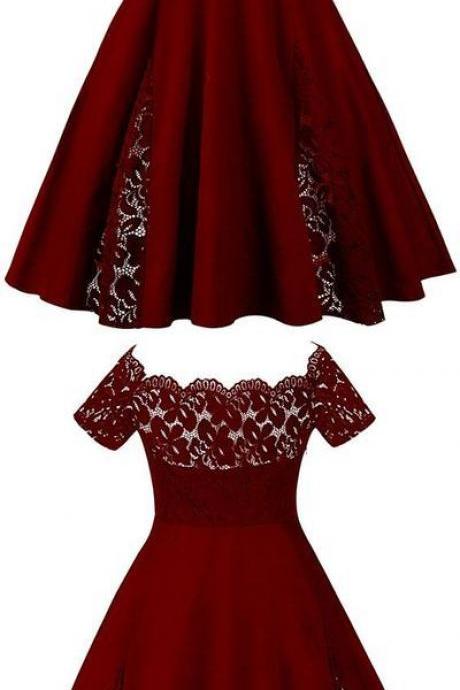 Elegant Burgundy Lace Homecoming Dress,off Shoulder Short Sleeves Prom Dress,custom Made Plus Size Homecoming Dress M4843